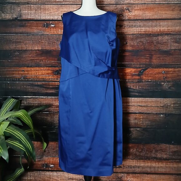 Talbots Woman Dress Plus Size 16 W Royal Blue Satin Sheath Draped Waist Formal - Picture 2 of 11